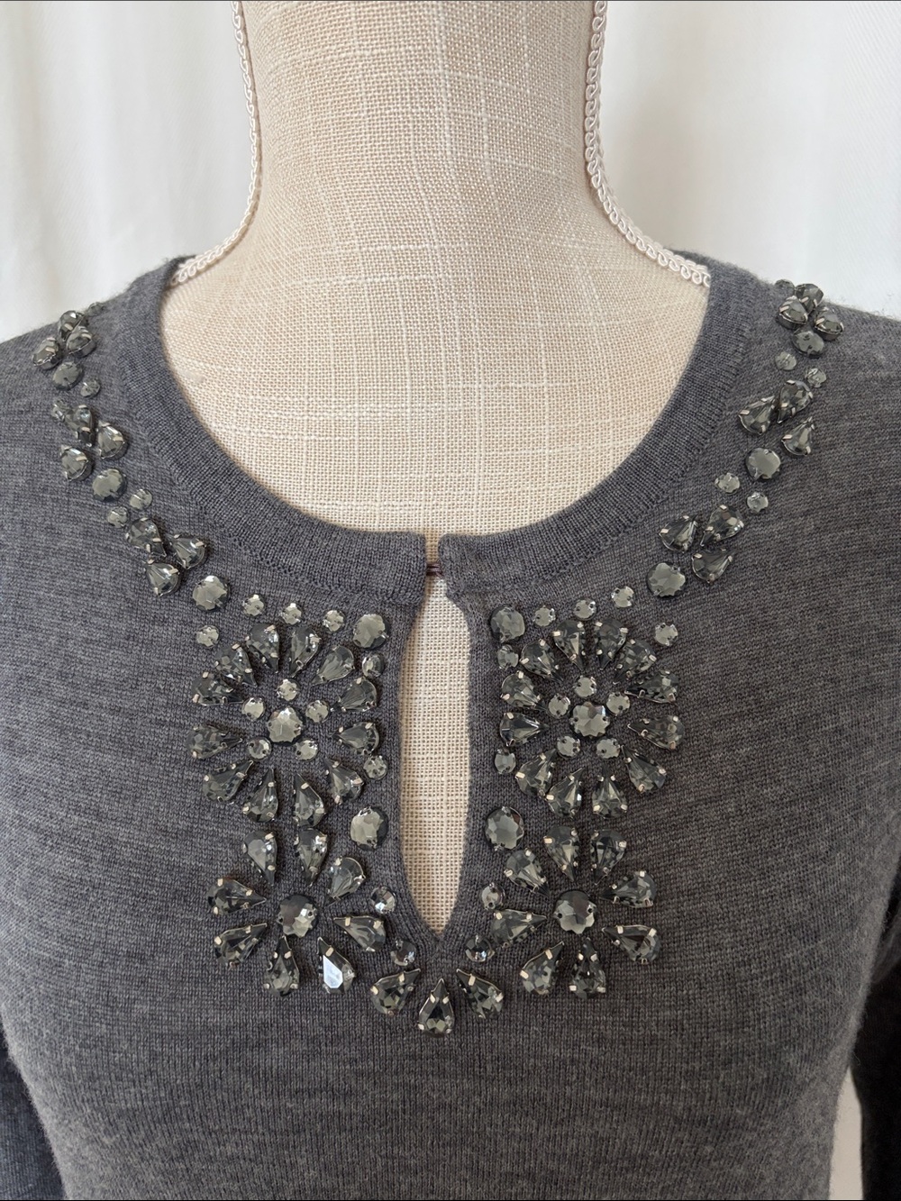 TALBOTS Pure Merino Wool Embellished Dark Gray Sweater Large Petite